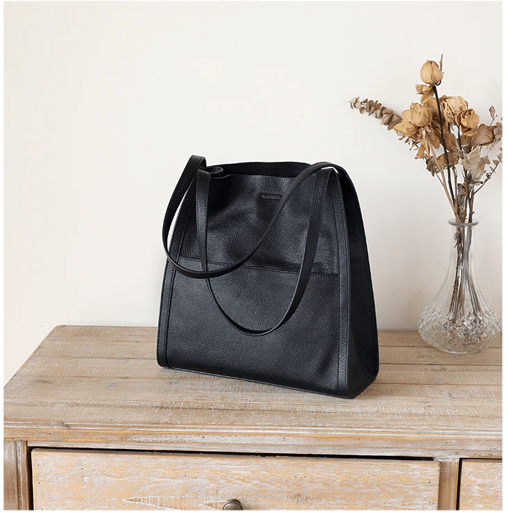 Owronline - Solid color simple genuine leather shoulder bag