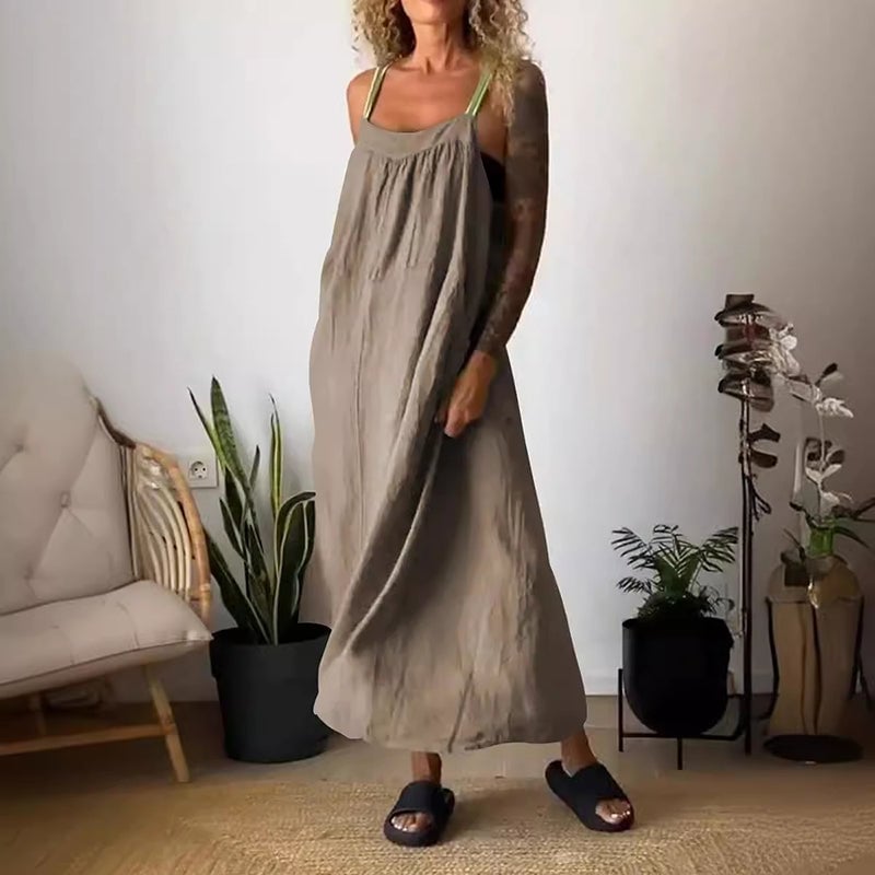 Owronline - Women's Simple Cotton And Linen Suspender Dress