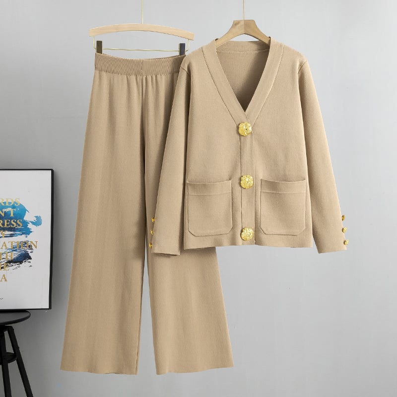 Fashion Metal Button Knit Wool Sweater Wide Leg Pants Set