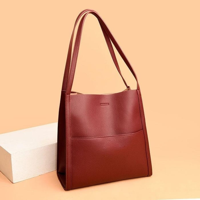 Owronline - Solid color genuine leather shoulder bag