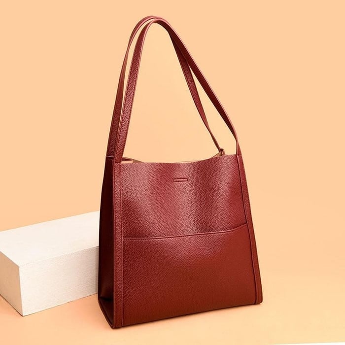 Owronline - Solid color genuine leather shoulder bag