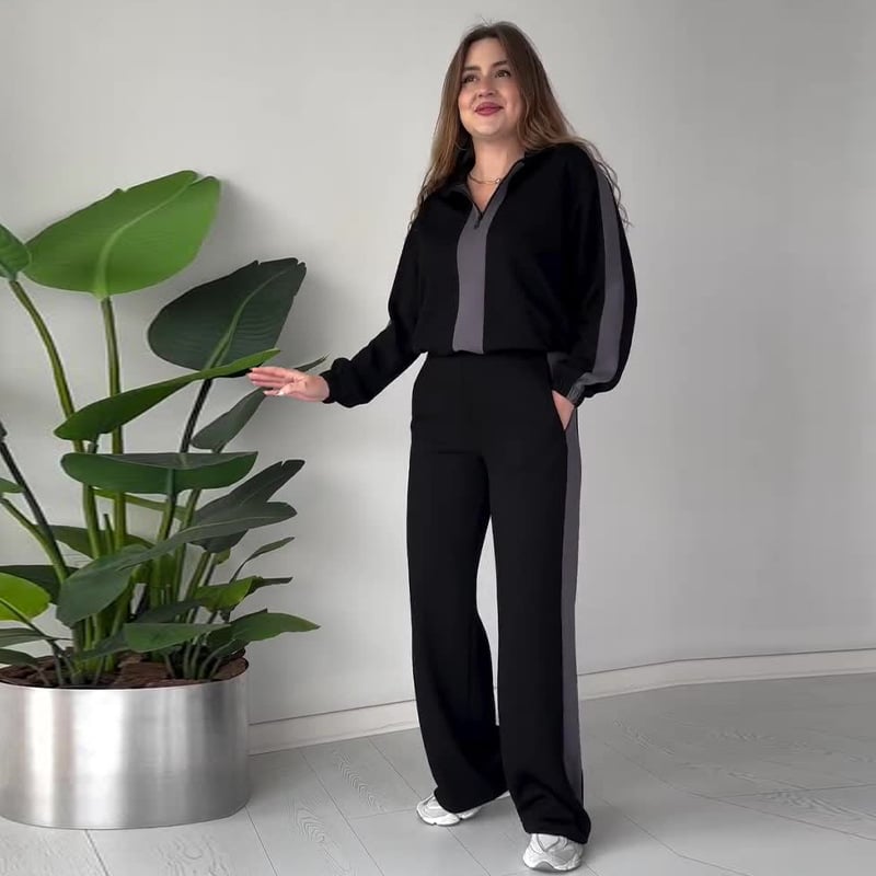 Owronline - Women's Zipper Lapel Tops & Pants 2-Piece Set