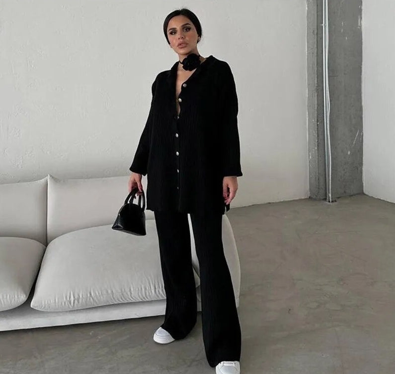 Owronline - Striped Jacquard Button-Knit Two-Piece Set - owronline