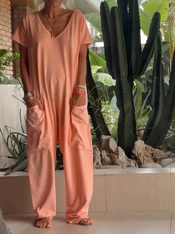 Owronline - Casual V-neck Solid Color Jumpsuit