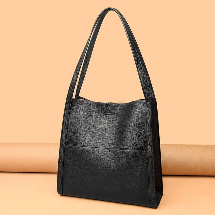Owronline - Solid color genuine leather shoulder bag