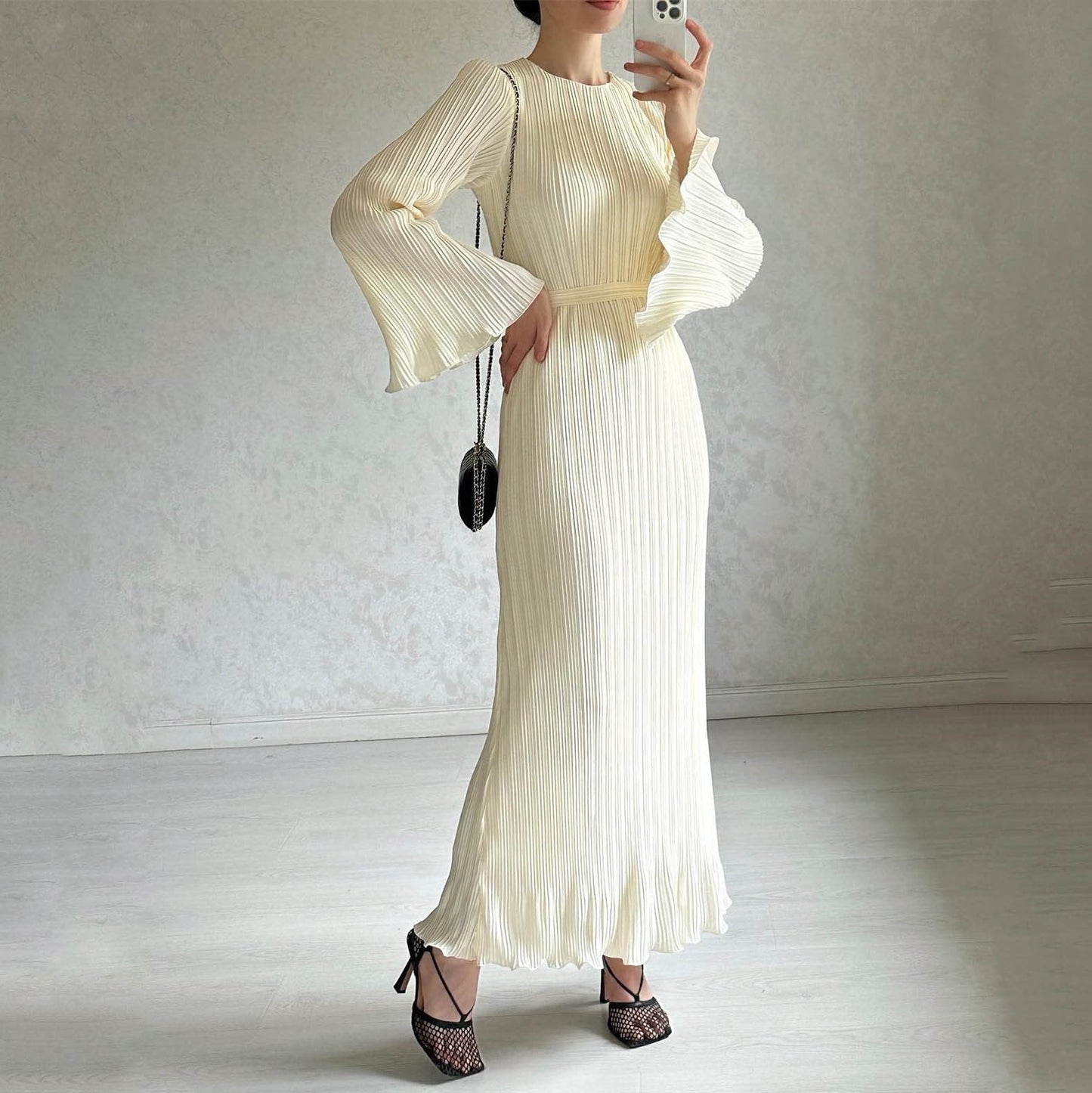 Owronline - Pleated Bell Sleeve Maxi Dress