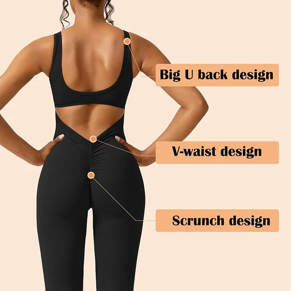 Owronline - Sexy Backless Flare Jumpsuits Bodycon Scrunch Butt Yoga Rompers - owronline