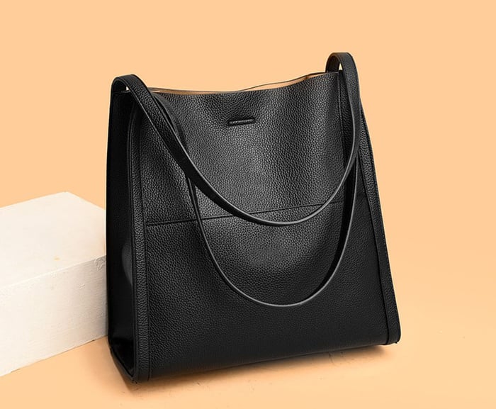 Owronline - Solid color genuine leather shoulder bag