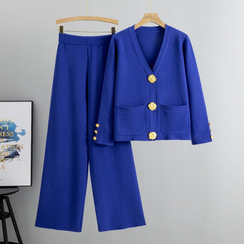 Fashion Metal Button Knit Wool Sweater Wide Leg Pants Set