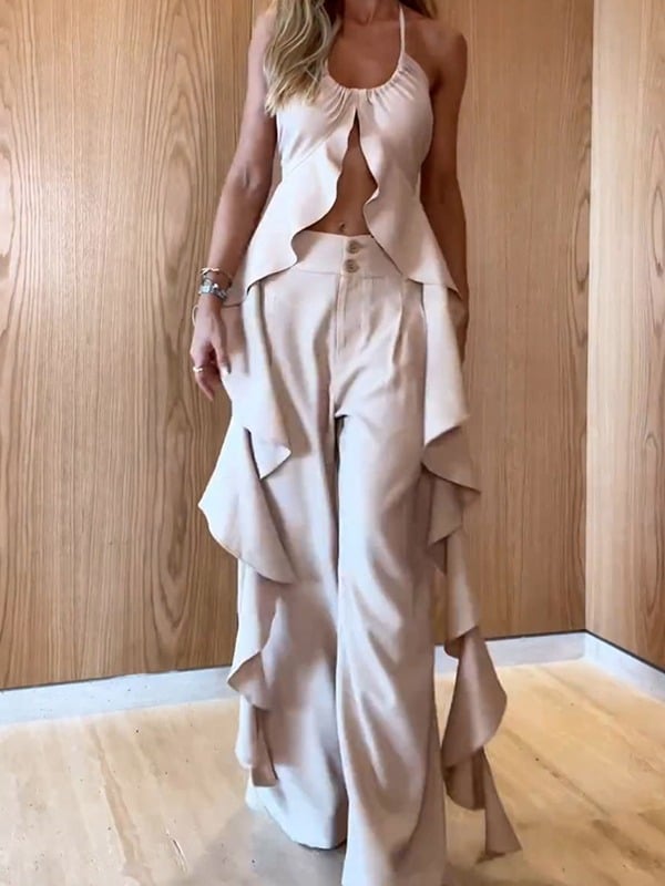 Owronline - Ruffle Slit Halter Tank and Pocketed Wide Leg Pants Set - owronline