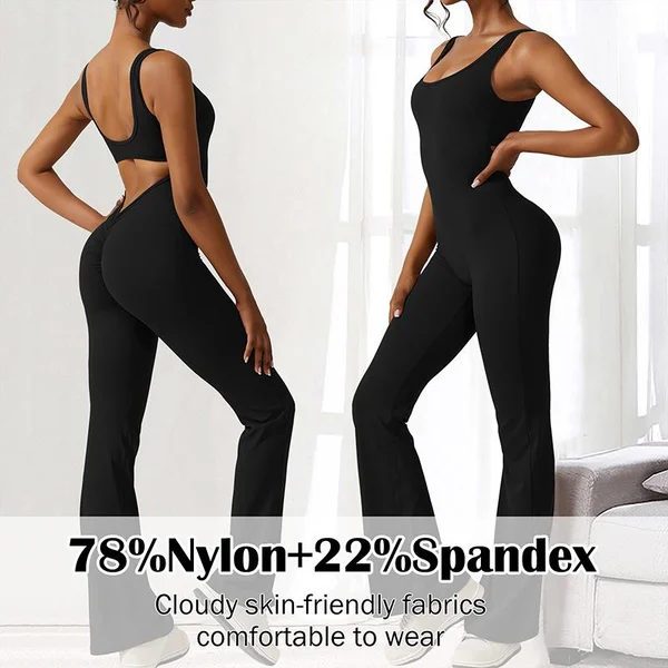 Owronline - Sexy Backless Flare Jumpsuits Bodycon Scrunch Butt Yoga Rompers - owronline