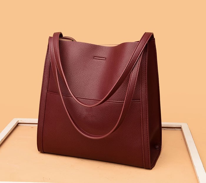 Owronline - Solid color genuine leather shoulder bag