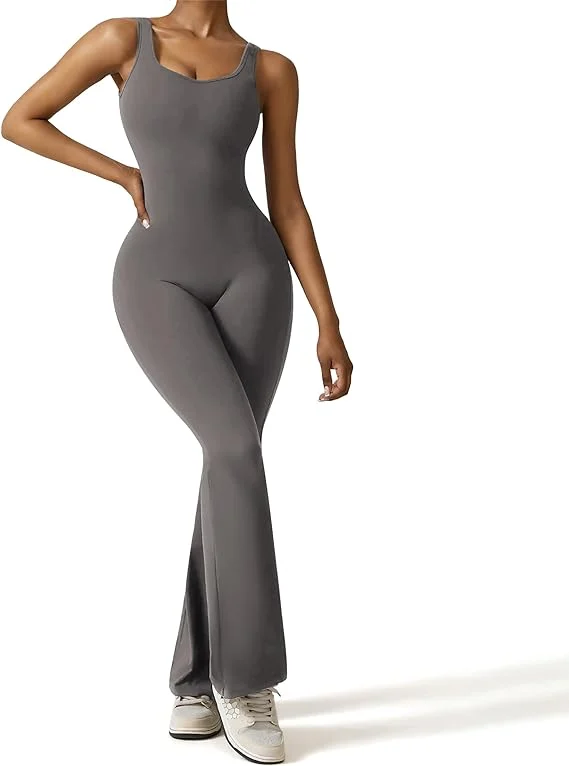 Owronline - Sexy Backless Flare Jumpsuits Bodycon Scrunch Butt Yoga Rompers - owronline