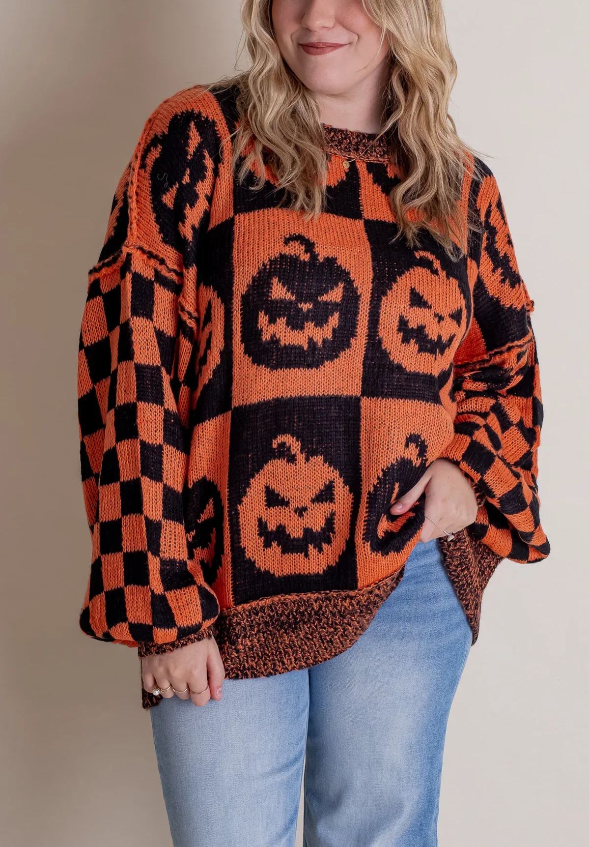 Owronline - Women's Halloween Checkered Sweater