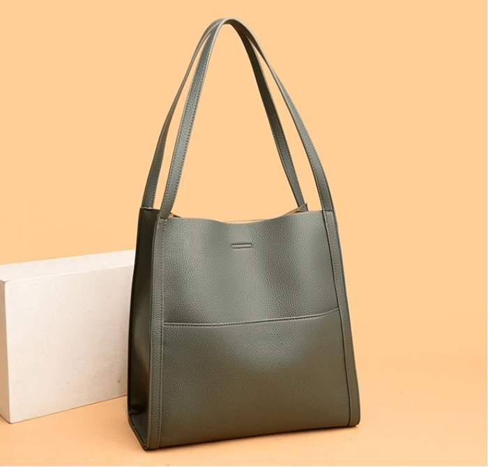 Owronline - Solid color genuine leather shoulder bag