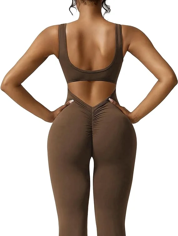 Owronline - Sexy Backless Flare Jumpsuits Bodycon Scrunch Butt Yoga Rompers - owronline