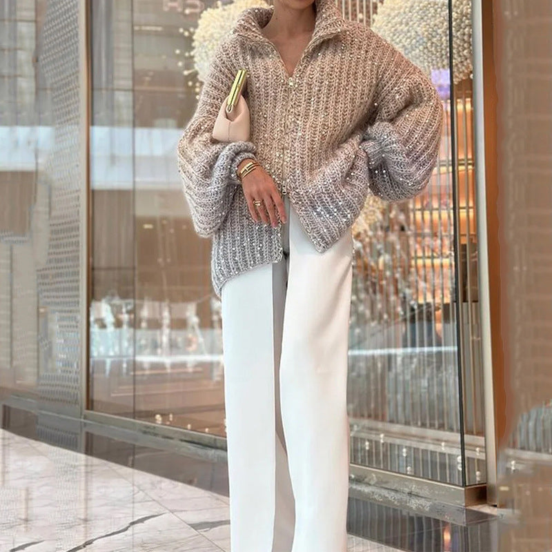 Owronline - Solid Color Sequin Knit Sweater Jacket