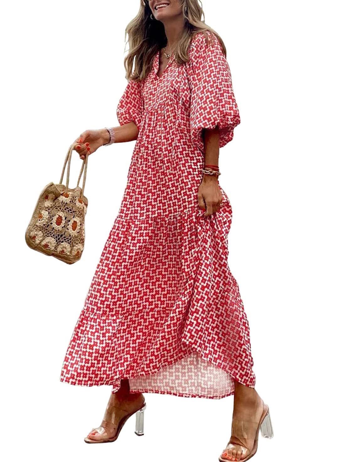 Owronline - Women's Puff Sleeve Floral Boho Maxi Dress