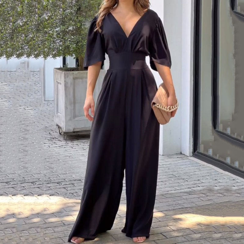 Owronline - V-neck high waist loose wide-leg jumpsuit