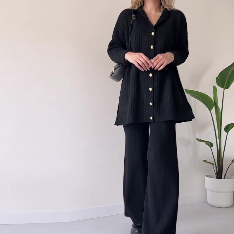 Owronline - Striped Jacquard Button-Knit Two-Piece Set - owronline