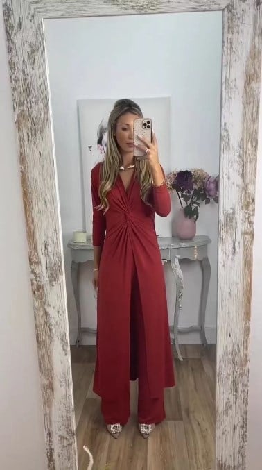 Owronline - One-piece long-sleeved slim-fit V-neck top and straight-leg pants