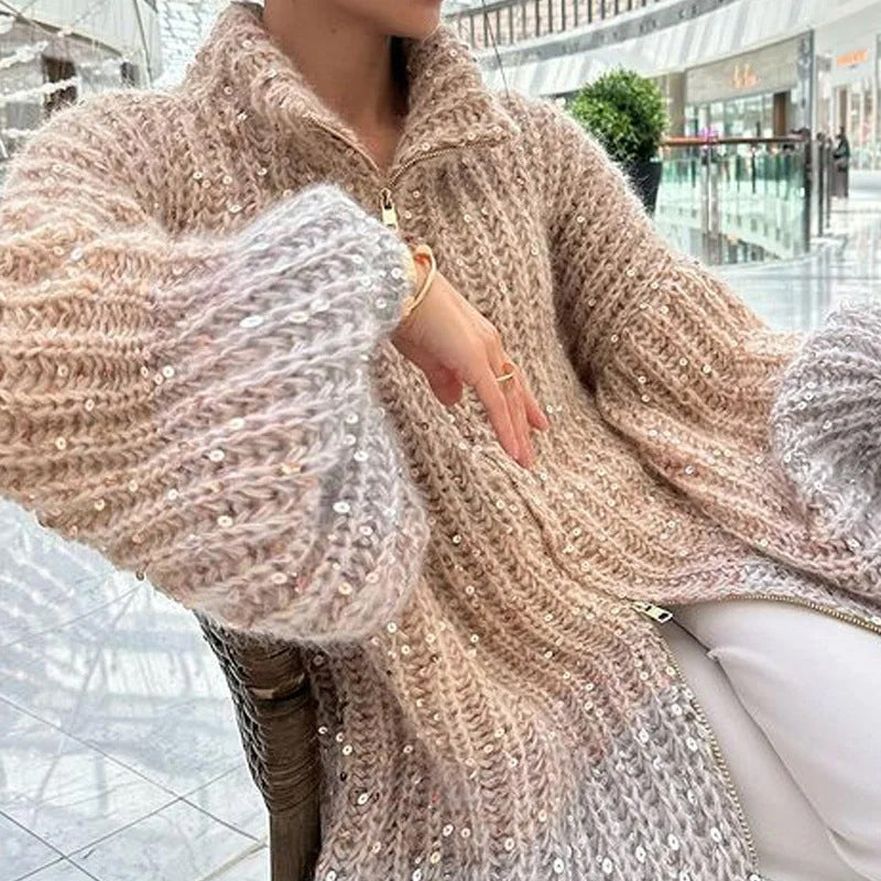 Owronline - Solid Color Sequin Knit Sweater Jacket
