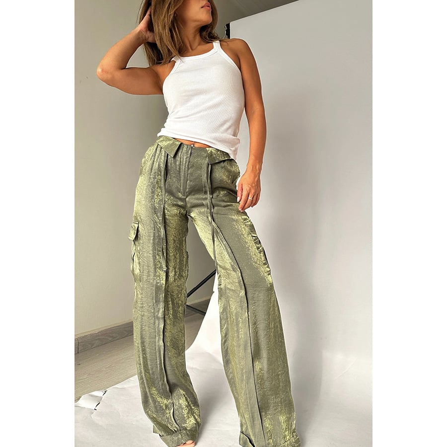 Owronline - Golden Years Glitter Fabric Drawstring Waist Bag Wide Leg Pants
