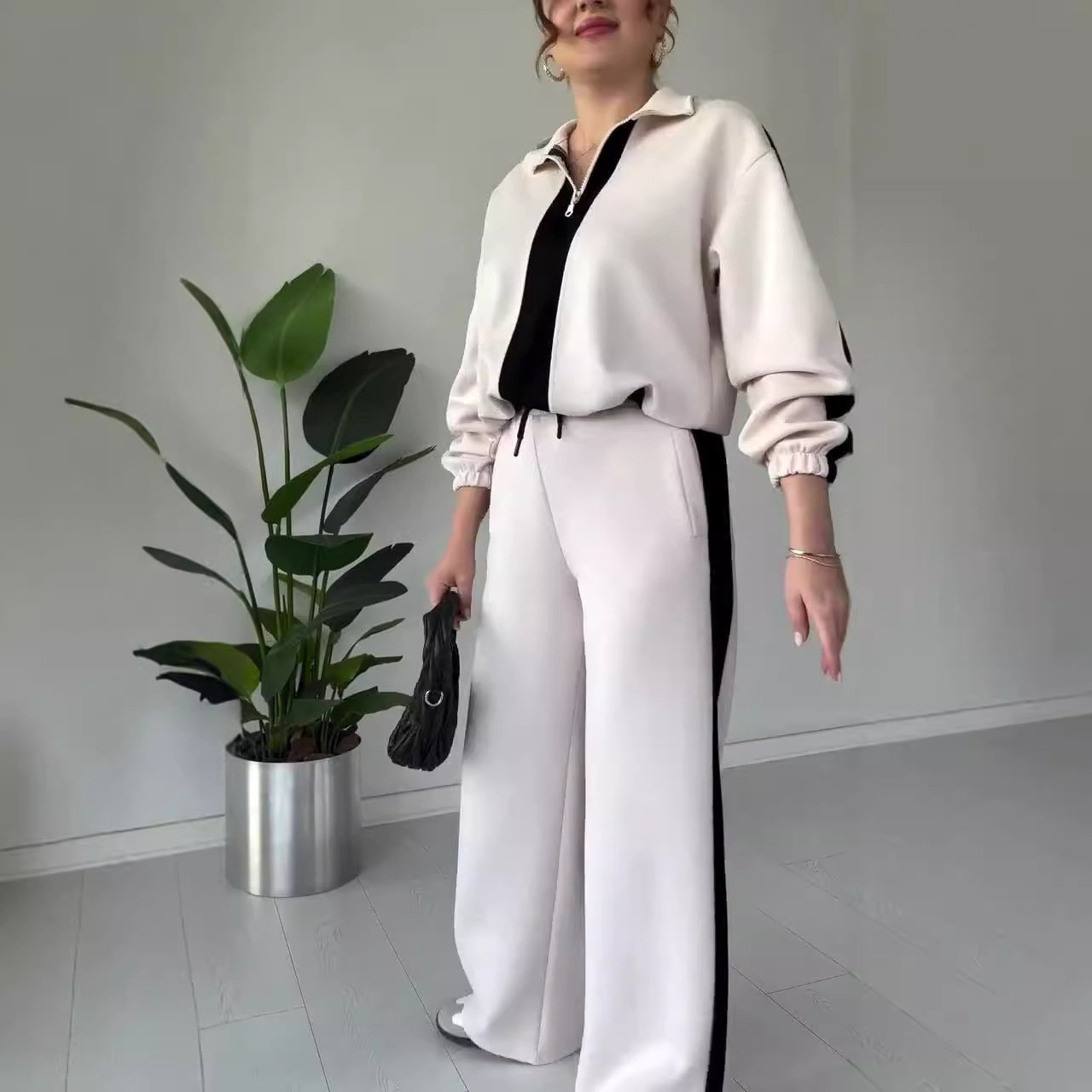 Owronline - Women's Zipper Lapel Tops & Pants 2-Piece Set