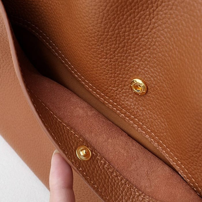 Owronline - Solid color genuine leather shoulder bag