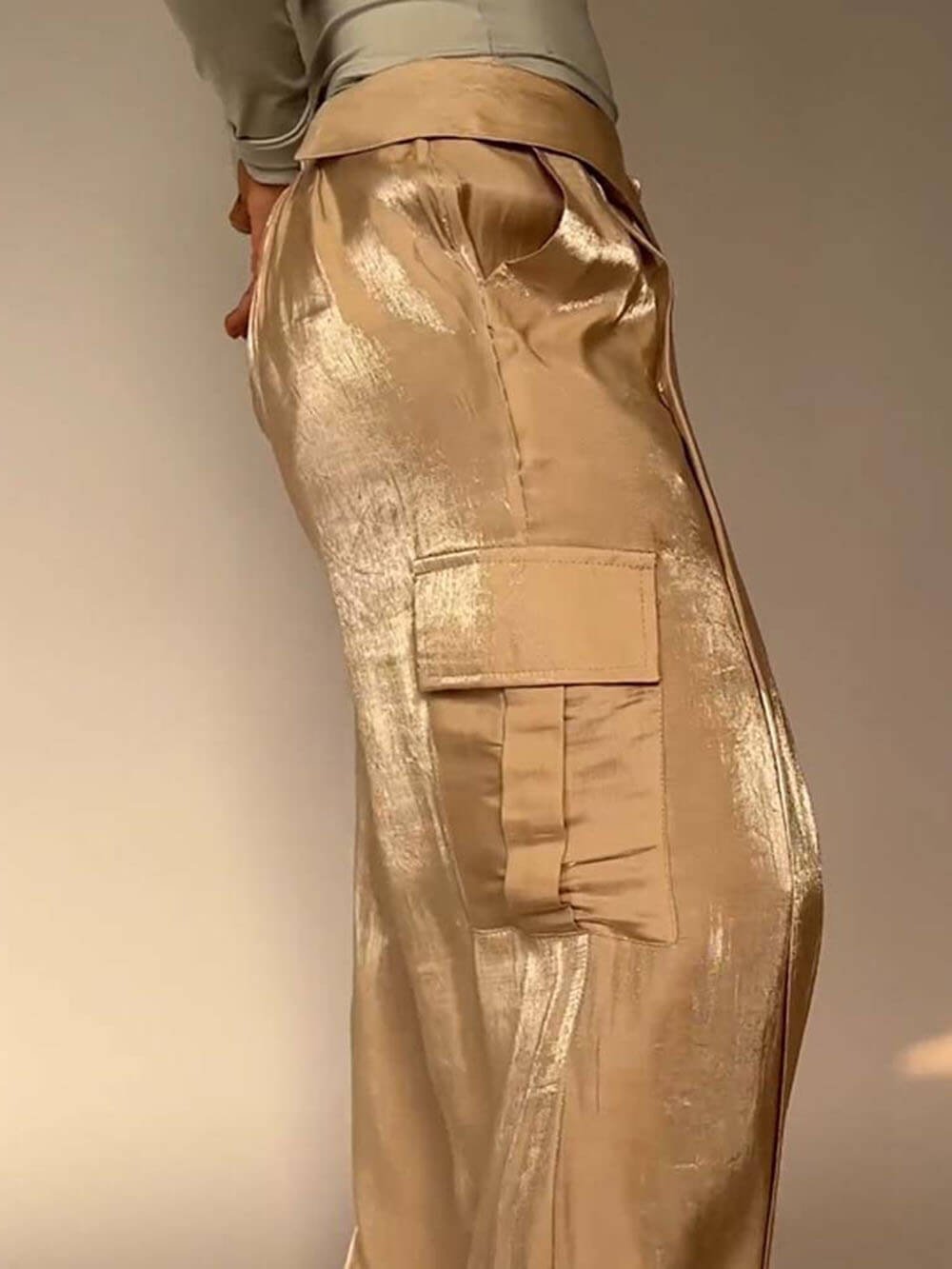 Owronline - Golden Years Glitter Fabric Drawstring Waist Bag Wide Leg Pants