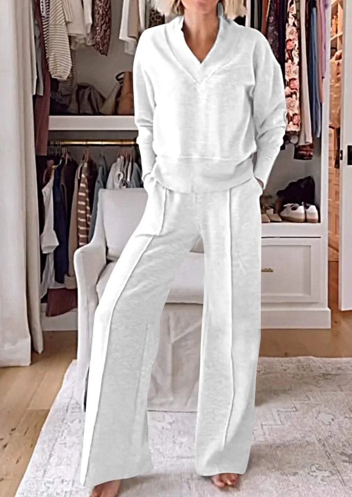Owronline - Women's Solid Color V-neck Top & Pants Two-piece Set-II