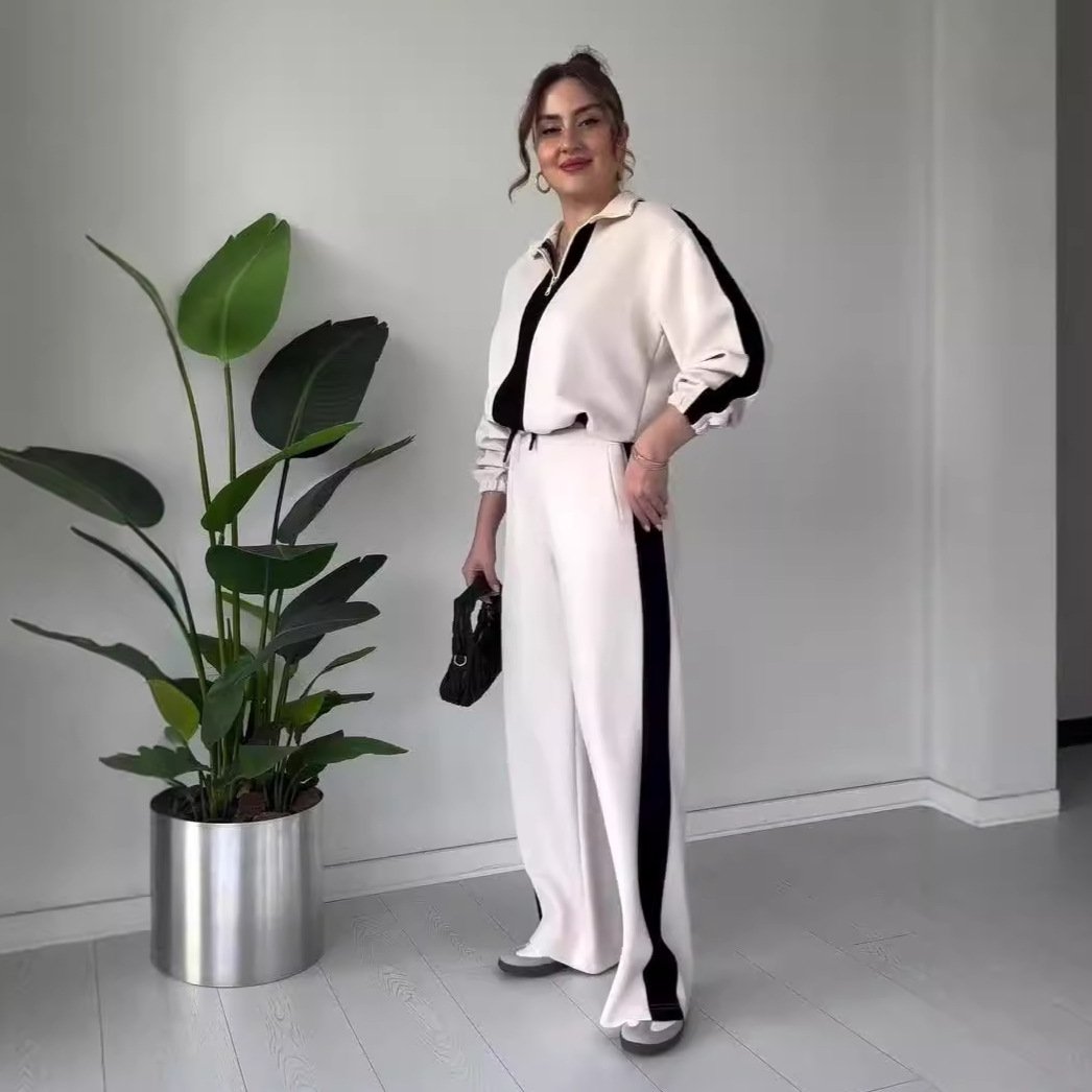 Owronline - Women's Zipper Lapel Tops & Pants 2-Piece Set