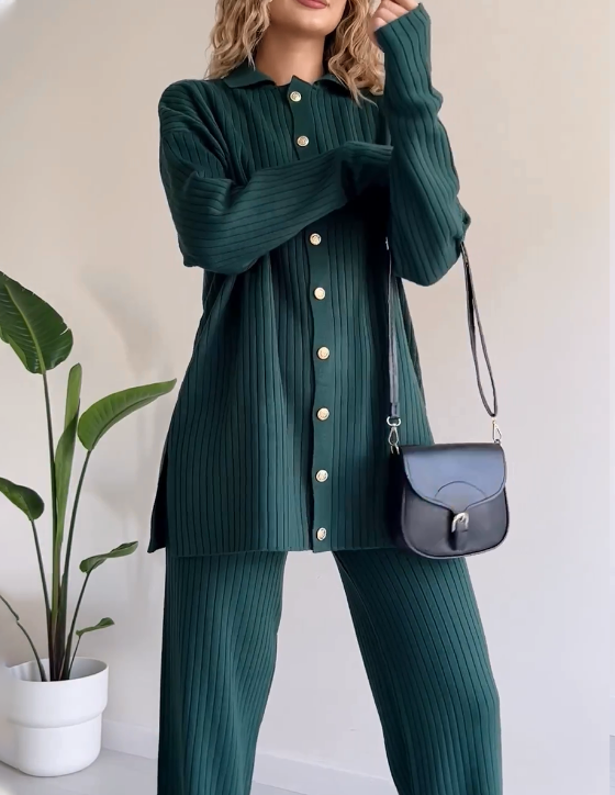 Owronline - Striped Jacquard Button-Knit Two-Piece Set - owronline