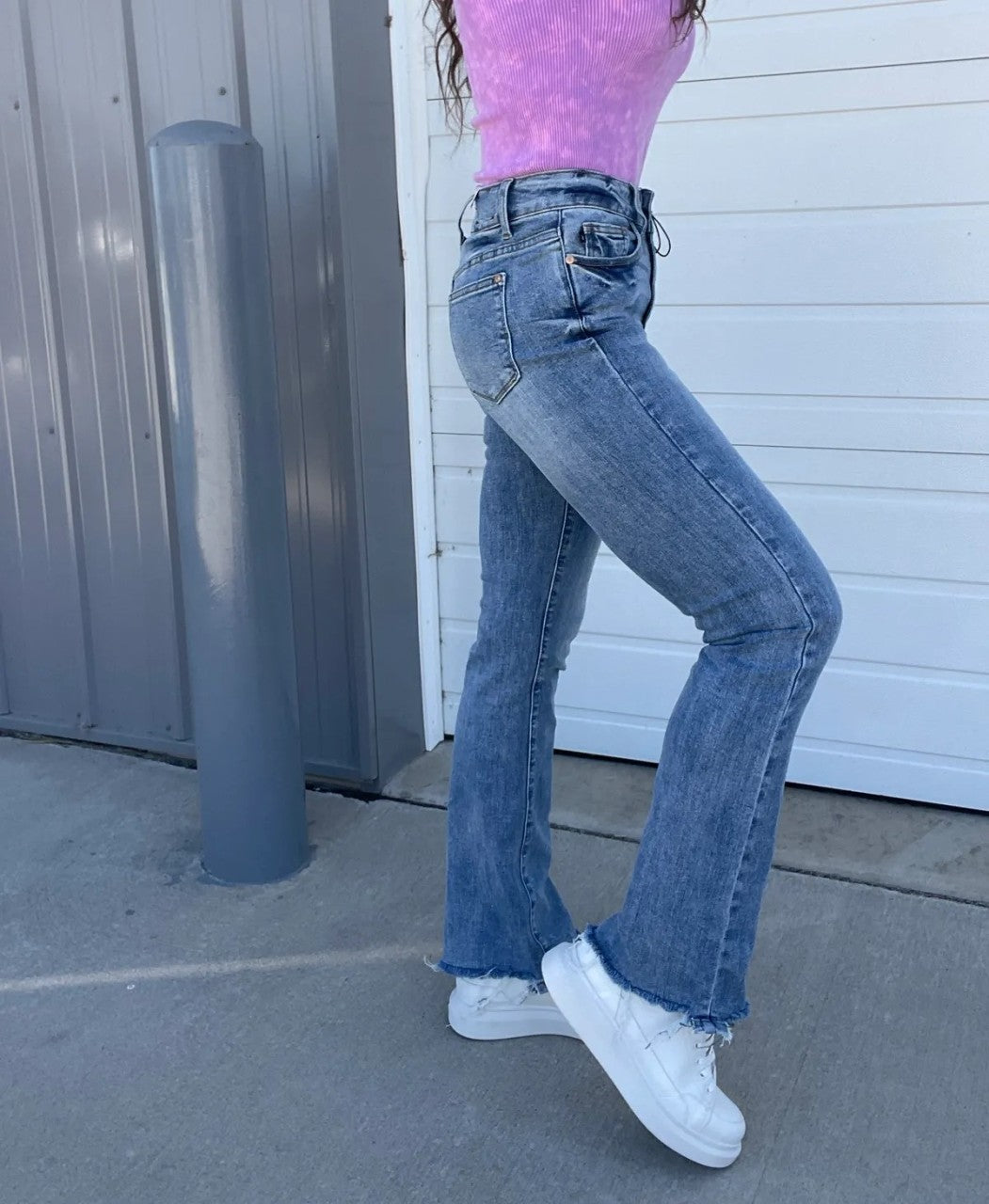 Owronline - Vintage Double Button Frayed Hem Bootcut Jeans