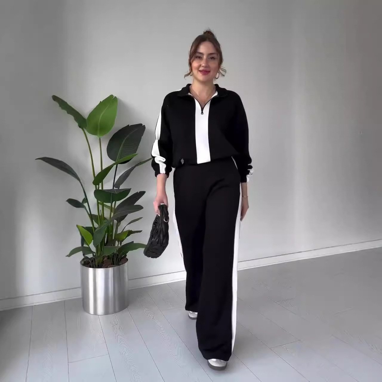 Owronline - Women's Zipper Lapel Tops & Pants 2-Piece Set