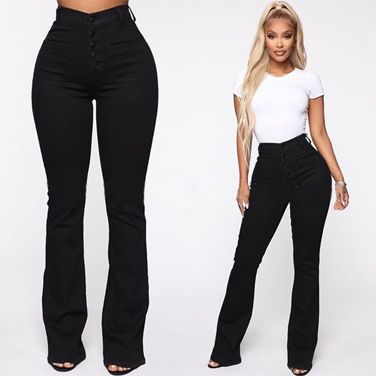 Owronline - Button Fly Booty Shaping High Waist Flare Jeans