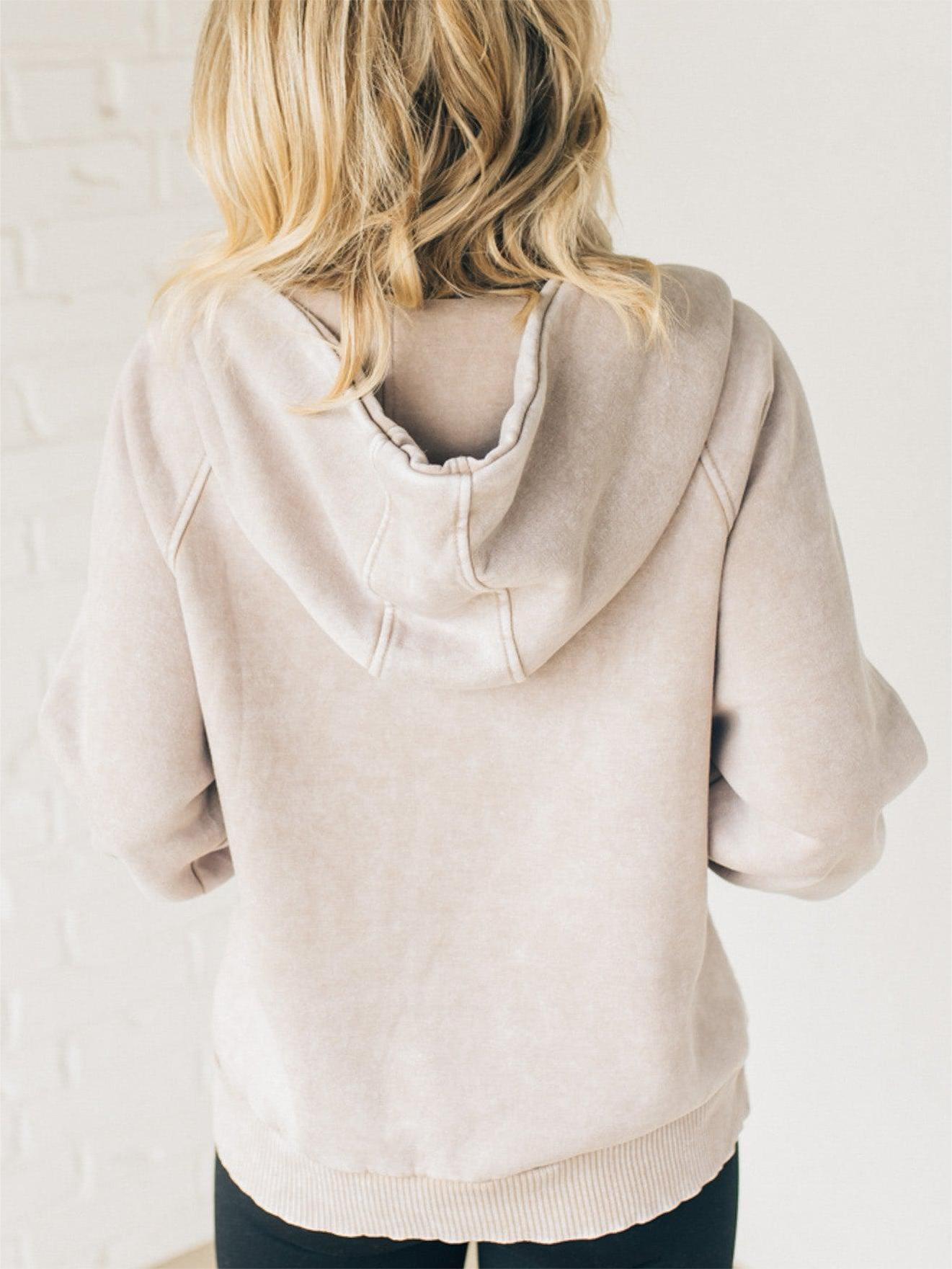 Owronline - Women's Zip Henley Acid Wash Fleece Hoodie