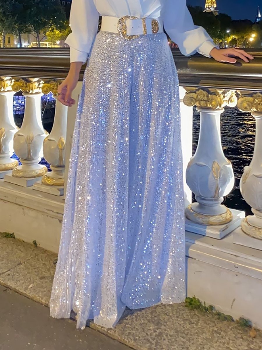 Owronline - Stylish V-Neck Long Sleeve Shirt & Sequin Wide Leg Pants Two Piece Set