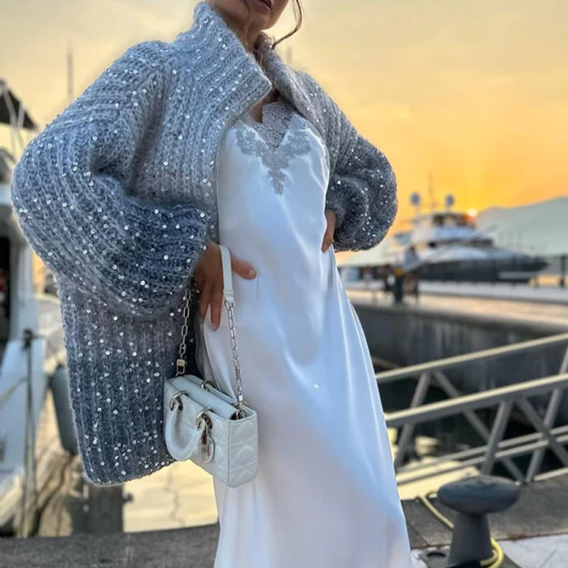 Owronline - Solid Color Sequin Knit Sweater Jacket