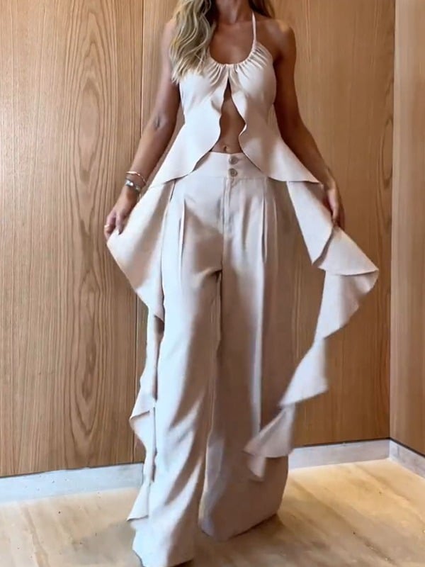 Owronline - Ruffle Slit Halter Tank and Pocketed Wide Leg Pants Set - owronline