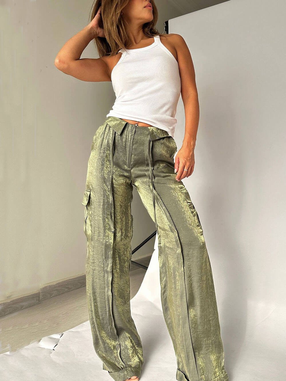 Owronline - Golden Years Glitter Fabric Drawstring Waist Bag Wide Leg Pants