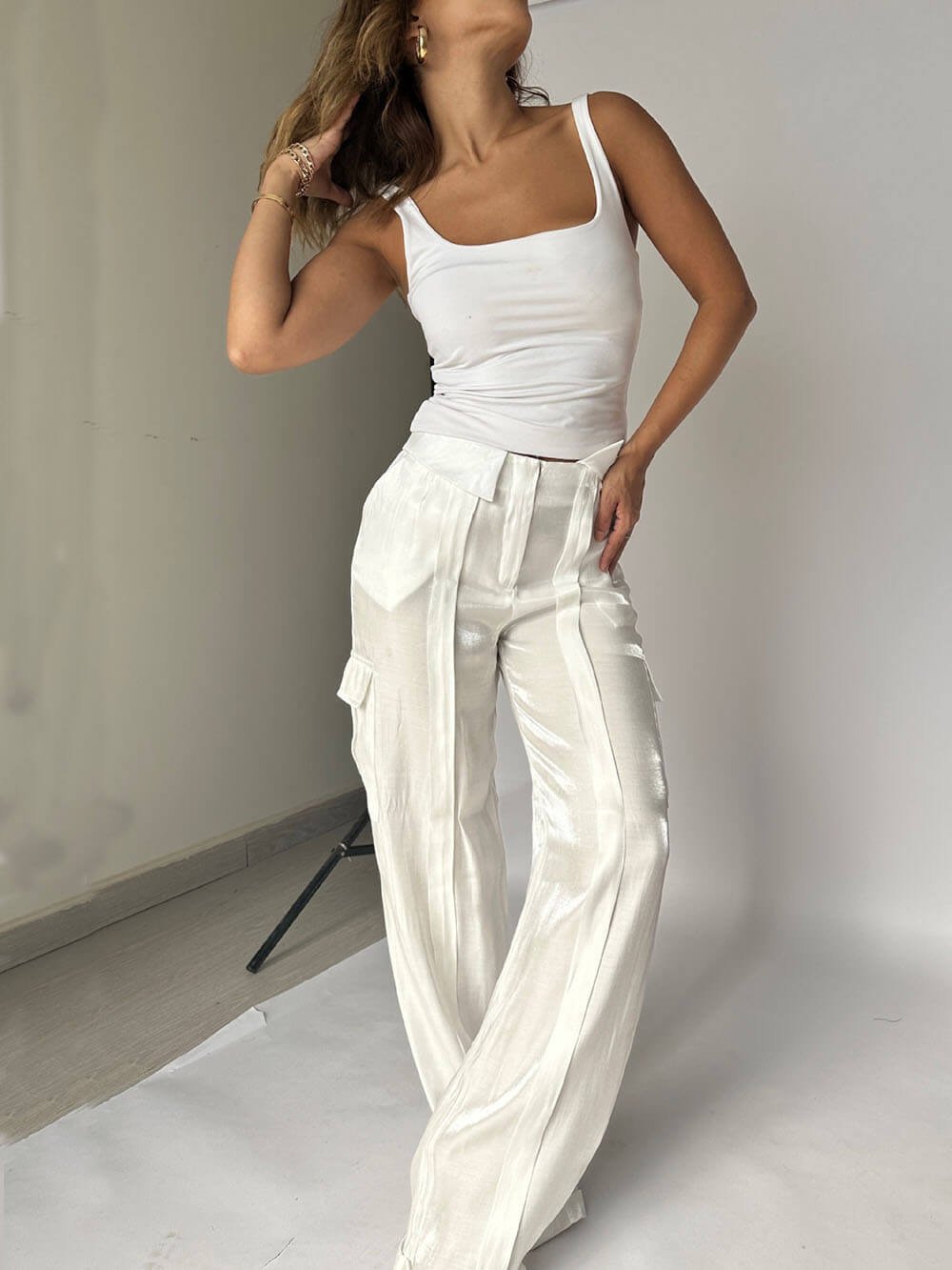 Owronline - Golden Years Glitter Fabric Drawstring Waist Bag Wide Leg Pants
