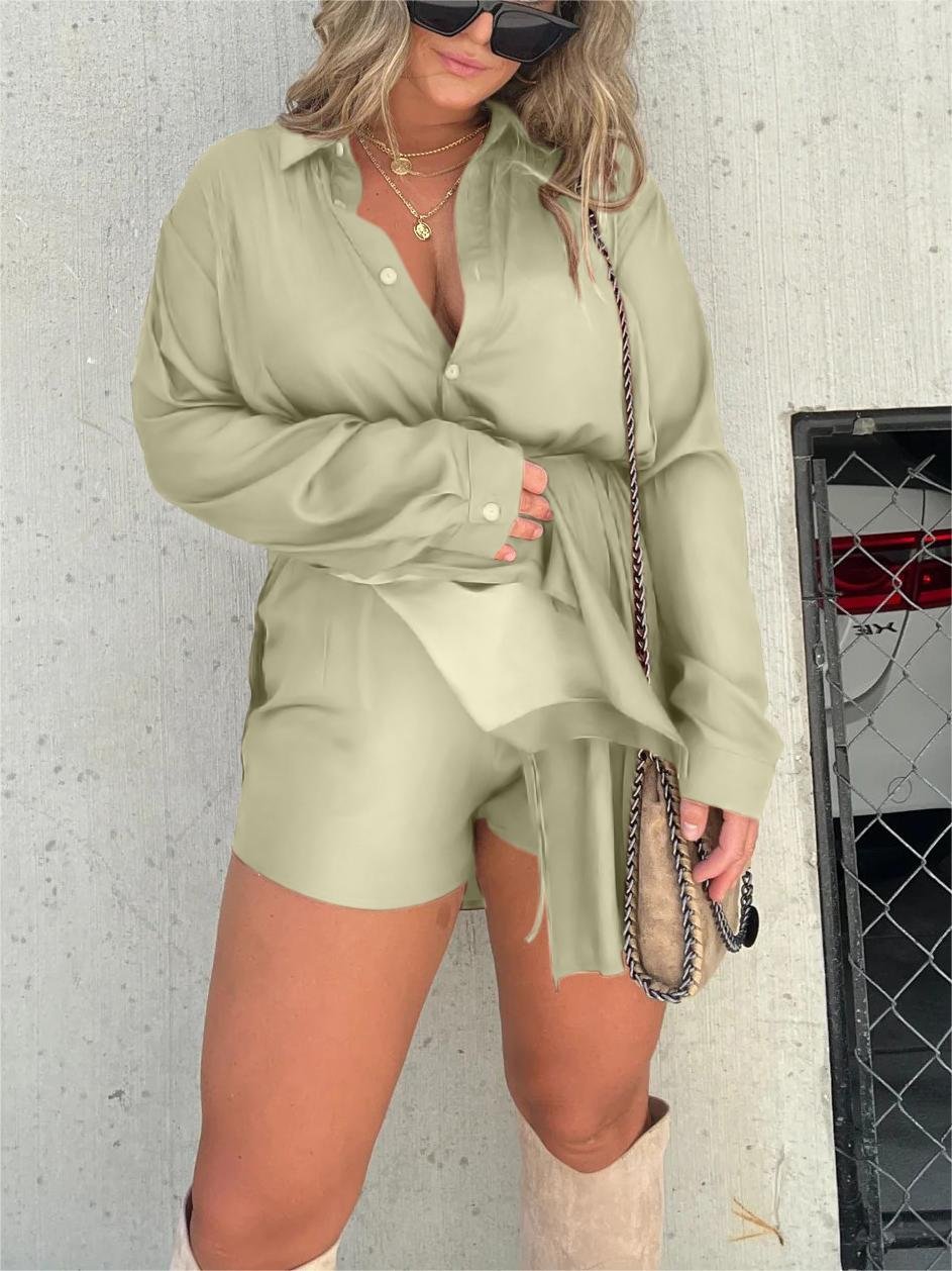 Owronline - Versatile must-have women's solid color long-sleeved shirt set - owronline
