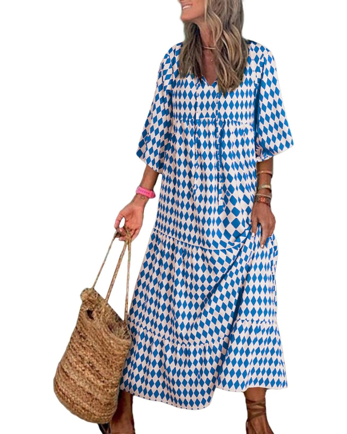 Owronline - Women's Puff Sleeve Floral Boho Maxi Dress