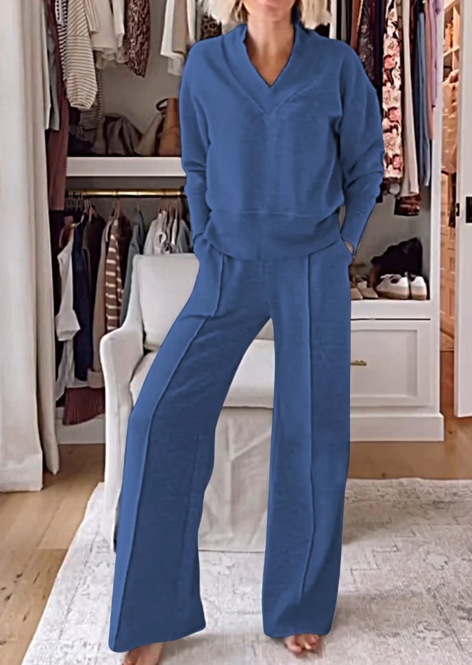 Owronline - Women's Solid Color V-neck Top & Pants Two-piece Set-II