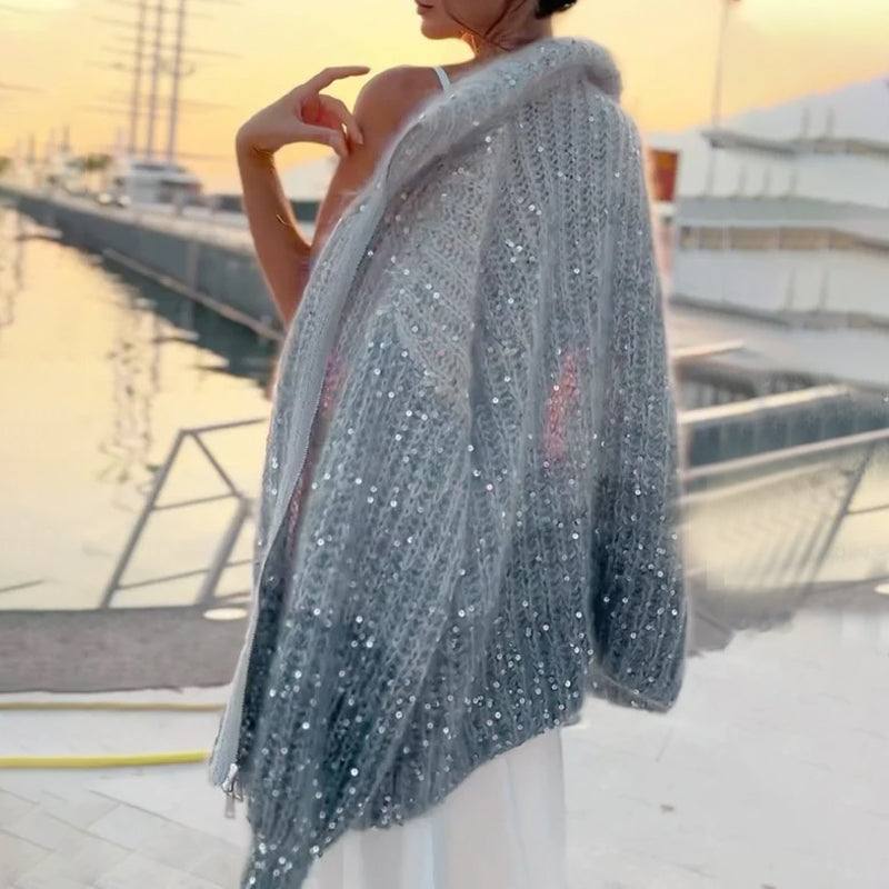 Owronline - Solid Color Sequin Knit Sweater Jacket
