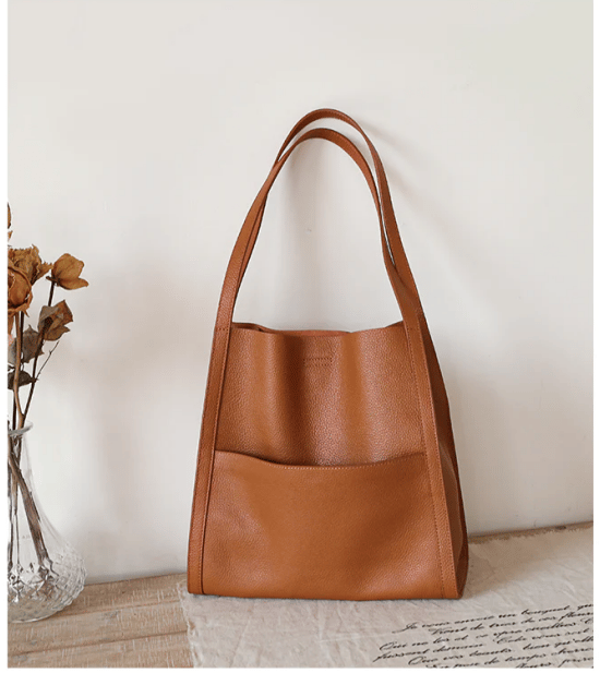 Owronline - Solid color simple genuine leather shoulder bag