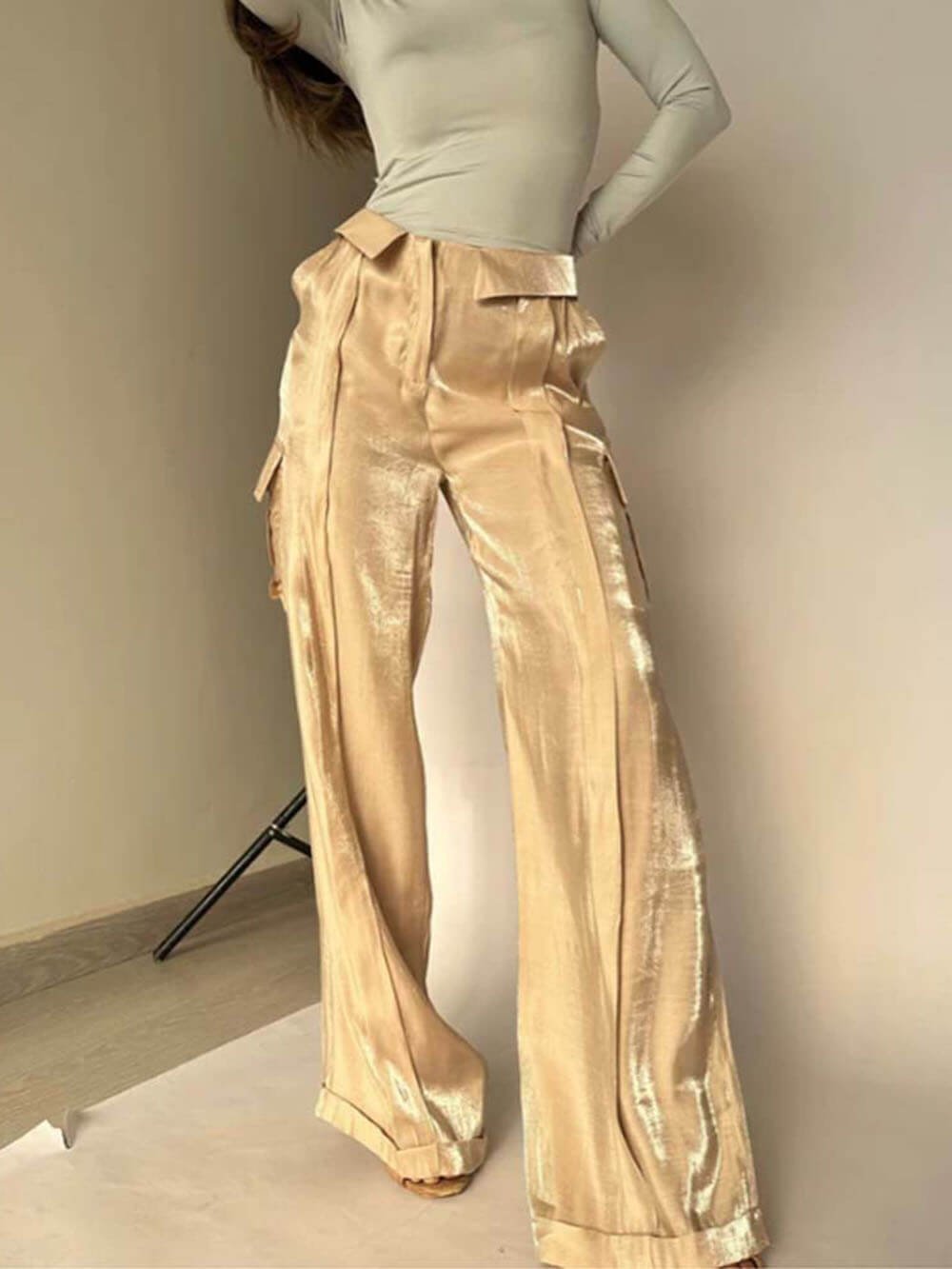 Owronline - Golden Years Glitter Fabric Drawstring Waist Bag Wide Leg Pants