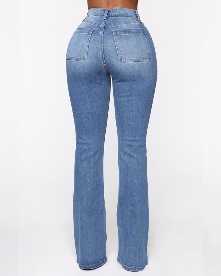 Owronline - Button Fly Booty Shaping High Waist Flare Jeans