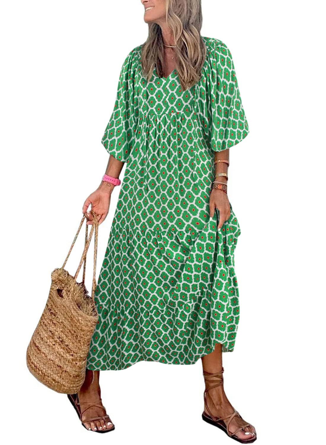 Owronline - Women's Puff Sleeve Floral Boho Maxi Dress